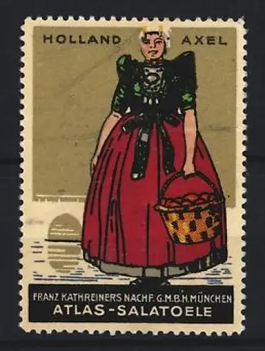 Reklamemarke München, Franz Kathreiners Nachf., Atlas-Salatöle, Frau in Tracht mit Korb