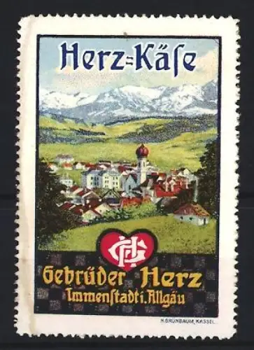 Reklamemarke Immenstadt, Gebr. Herz, Käse, Alpenlandschaft