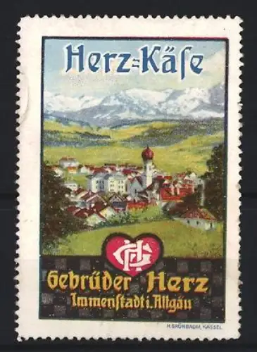 Reklamemarke Immenstadt, Gebr. Herz, Käse, Alpenlandschaft