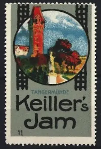 Reklamemarke Tangermünde, Keiller`s Jam, Marmelade, Turm und Landschaft