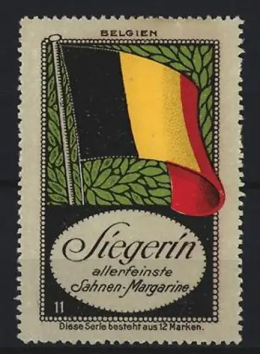Reklamemarke Belgien, Sahnen-Margarine der Marke Siegerin, Flagge und Blätterornament