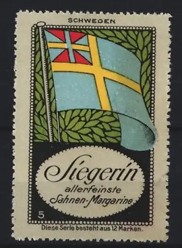 Reklamemarke Schweden, Sahne-Margarine der Marke Siegerin, Flagge und Blätterornament