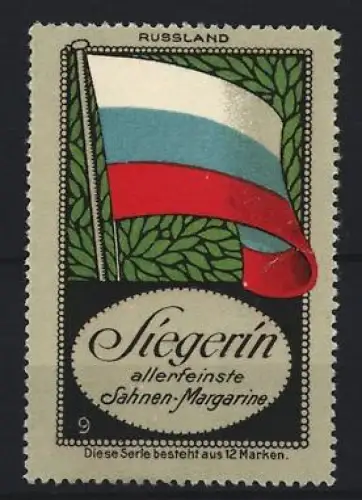 Reklamemarke Russland, Sahnen-Margarine der Marke Siegerin, Flagge und Lorbeerblätter