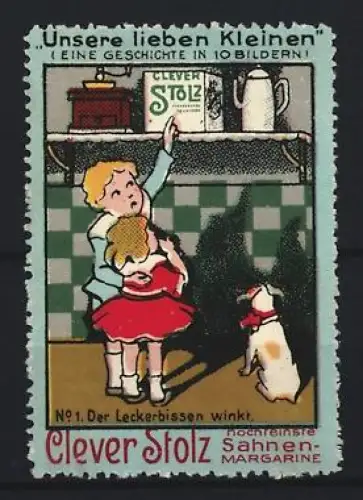 Reklamemarke Clever Stolz, Sahnen-Margarine, Kinder in der Küche mit Hund