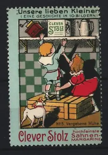 Reklamemarke Clever Stolz, Sahnen-Margarine, Kinder auf Kisten im Regal