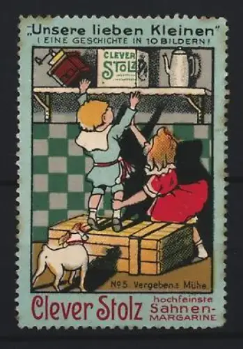 Reklamemarke Clever Stolz, Sahnen-Margarine, Kinder in der Küche mit Hund