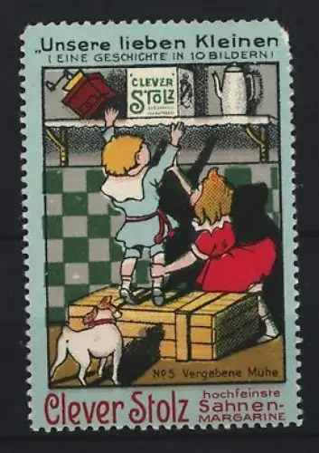 Reklamemarke Clever Stolz, Sahnen-Margarine, Kinder mit Hund in der Küche