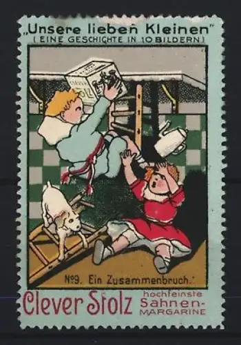 Reklamemarke Clever Stolz, Sahnen-Margarine, Kinder stürzen in der Küche von der Leiter