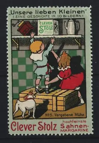 Reklamemarke Clever Stolz, Sahnen-Margarine, Kinder auf Kisten