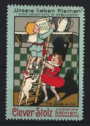 Reklamemarke Clever Stolz, Sahnen-Margarine, Kinder auf einer Leiter in der Küche