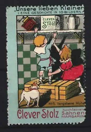 Reklamemarke Clever Stolz, Sahnen-Margarine, Kinder und Hund in der Küche