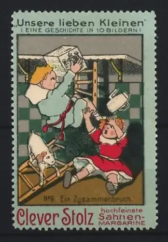 Reklamemarke Clever Stolz, Sahnen-Margarine, Ein Zusammenbruch, Kinder und Hund im Küchenchaos