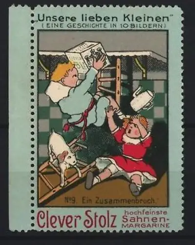 Reklamemarke Clever Stolz, Sahnen-Margarine, Kinder und Hund beim Chaos in der Küche