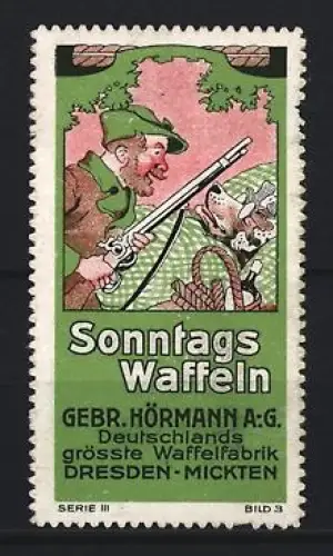 Reklamemarke Dresden, Gebr. Hörmann A.G., Waffelfabrik, Jäger mit Gewehr und Wolf