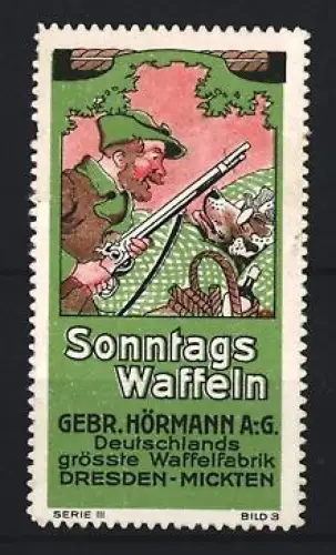 Reklamemarke Dresden, Gebr. Hörmann A.G., Waffelfabrik, Jäger mit Gewehr und Wolf