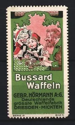Reklamemarke Dresden, Gebr. Hörmann A.G., Waffelfabrik, Bussard Waffeln, geselliges Beisammensein