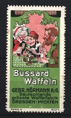 Reklamemarke Dresden, Gebr. Hörmann A.G., Waffelfabrik, Bussard Waffeln, Familie beim Kaffeetrinken