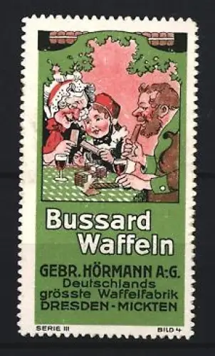 Reklamemarke Dresden, Gebr. Hörmann A.G., Waffelfabrik, Bussard Waffeln, Familie am Tisch