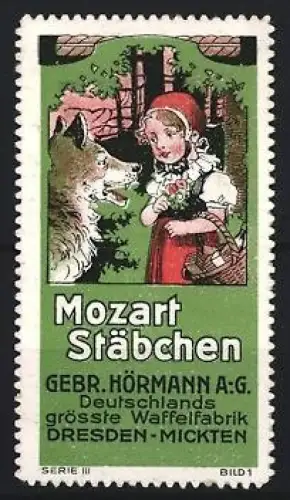 Reklamemarke Dresden, Gebr. Hörmann A.G., Waffelfabrik, Mozart Stäbchen, Rotkäppchen und Wolf