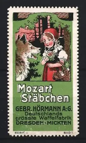 Reklamemarke Dresden, Gebr. Hörmann A.G., Waffelfabrik, Mozart Stäbchen, Rotkäppchen und Wolf