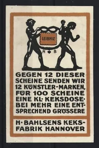 Reklamemarke Hannover, H. Bahlsen, Keksfabrik, zwei Figuren mit Leibniz-Keks