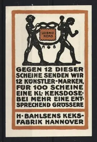 Reklamemarke Hannover, H. Bahlsen, Keksfabrik, Figuren tragen einen Leibniz-Keks
