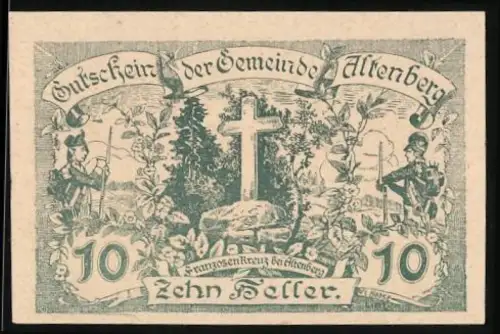 Notgeld Altenberg 1920, 10 Heller, Franzosenkreuz bei Schönau mit Soldaten und Musikant