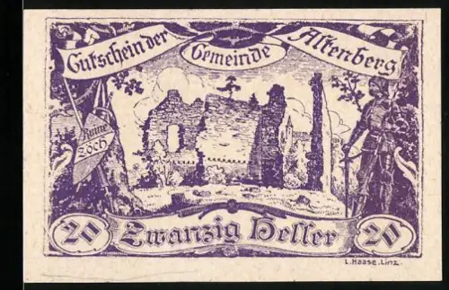 Notgeld Altenberg 1920, 20 Heller, Ruinen mit Fahne und Soldat