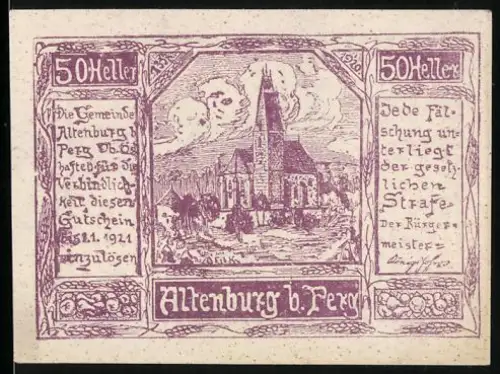 Notgeld Altenburg b. Perg 1921, 50 Heller, Kirche und Landschaftsszene