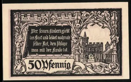 Notgeld Jüterbog 1920, 50 Pfennig, Ortsansicht und Zitat mit Wappen und Ritterfigur
