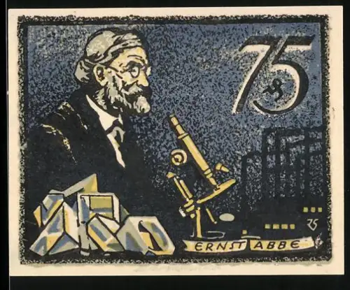 Notgeld Jena 1921, 75 Pfennig, Ernst Abbe mit Mikroskop und Ortsansicht