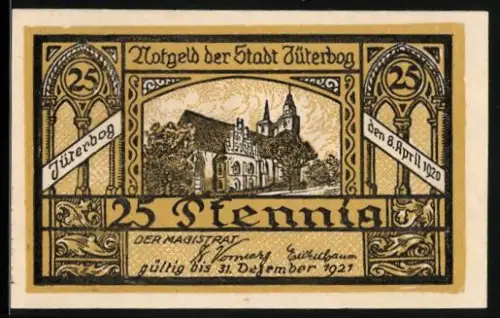 Notgeld Jüterbog 1920, 25 Pfennig, Kirche und Ortsansicht mit Türmen und Tor