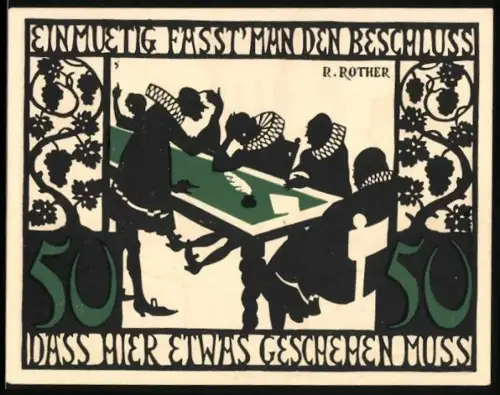 Notgeld Kitzingen a. M. 1921, 50 Pfennig, Silhouette von Ratsversammlung und Ortsansicht mit Wappen