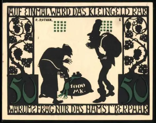 Notgeld Kitzingen a.M. 1921, 50 Pfennig, Silhouetten von Menschen mit Geldsack, Stadtsilhouette und Wappen