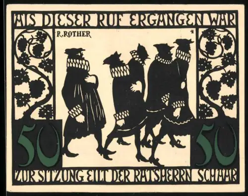 Notgeld Kitzingen a. M. 1921, 50 Pfennig, Ratsversammlung und Stadtwappen mit Silhouette