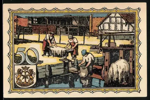 Notgeld Kirchhain /N. L., 50 Pfennig, Gerbereiarbeiter und Kirche, Wappen vorhanden