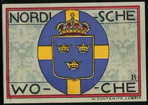 Notgeld Lübeck 1921, 50 Pf., Ortsansicht mit Türmen und Wappen mit Krone und drei Kronen