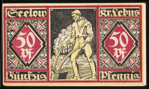 Notgeld Seelow /Lebus 1920, 50 Pf, Arbeiter mit Schaufel und Fabrik, Reichsadler und Ornamente