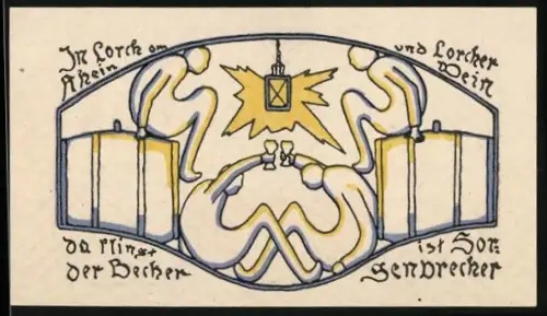 Notgeld Lorch im Rheingau 1920, 50 Pfennig, Menschen um Tisch und Wappen mit Reiter auf Pferd