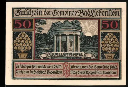 Notgeld Bad Liebenstein, 50 Pf, Quellentempel und Ortsansicht mit Hügeln im Hintergrund