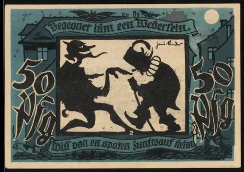 Notgeld Lichtenstein 1921, 50 Pfennig, Silhouetten von tanzenden Figuren und industriellem Motiv