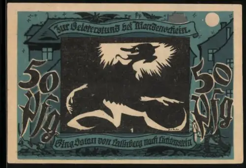 Notgeld Lichtenstein 1921, 50 Pfennig, Drache und Ortsansicht bei Nacht
