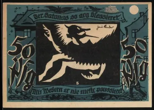 Notgeld Lichtenstein 1921, 50 Pfennig, Silhouette eines fliegenden Dämons unter Mondlicht
