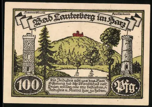 Notgeld Bad Lauterberg im Harz 1921, 100 Pfennig, Burgturm und Landschaft mit Wappen