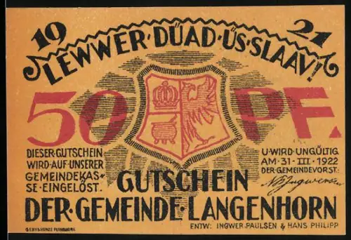 Notgeld Langenhorn 1922, 50 Pf, Landschaft mit Gebäude und Wappen