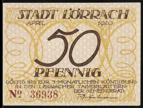 Notgeld Lörrach 1920, 50 Pfennig, Ortsansicht mit Taube und Ornamenten