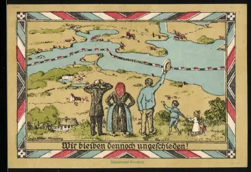 Notgeld Lutzhoeft in Angeln 1920, 1 Mark, Bismarckdenkmal und Eiche, Menschen winken über Flusslandschaft