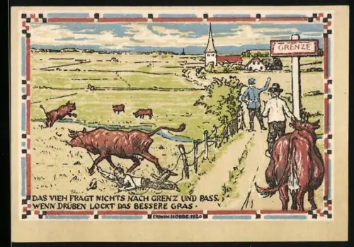 Notgeld Lutzhöft 1920, 50 Pfennig, Kühe an der Grenze und Frauen beim Spinnen und Radfahren