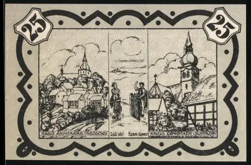 Notgeld Lippstadt i. W. 1920, 25 Pfennig, Landschaft mit Kirchen und Figuren, Wappen des Kreises Lippstadt