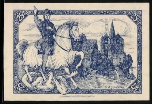 Notgeld Limburg a.d. Lahn 1918, 25 Pfennig, Ritter auf Pferd und Ortsansicht mit Burg und Kirche